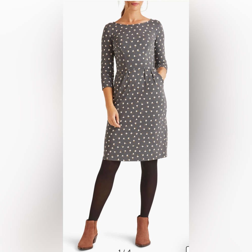 BODEN Penny Jersey Dress – Gray Daisy Print – Size 14 Long 100% Cotton